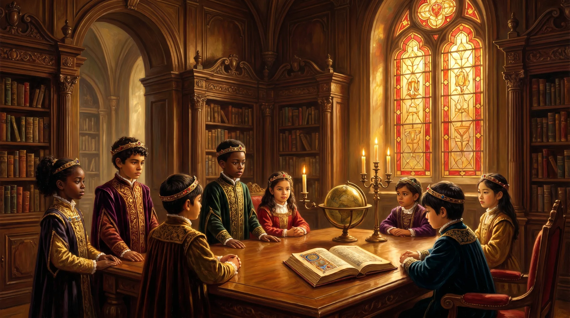Royal Black, Mexican, and Asian students gathered in a regal Kingdom classroom with gold filigree