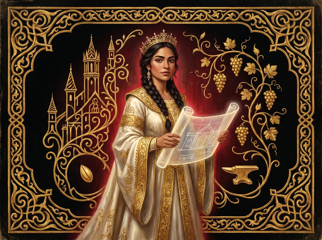 Royal student holding a blueprint scroll surrounded by rising buildings and fruitful vines — Kingdom Entrepreneurship