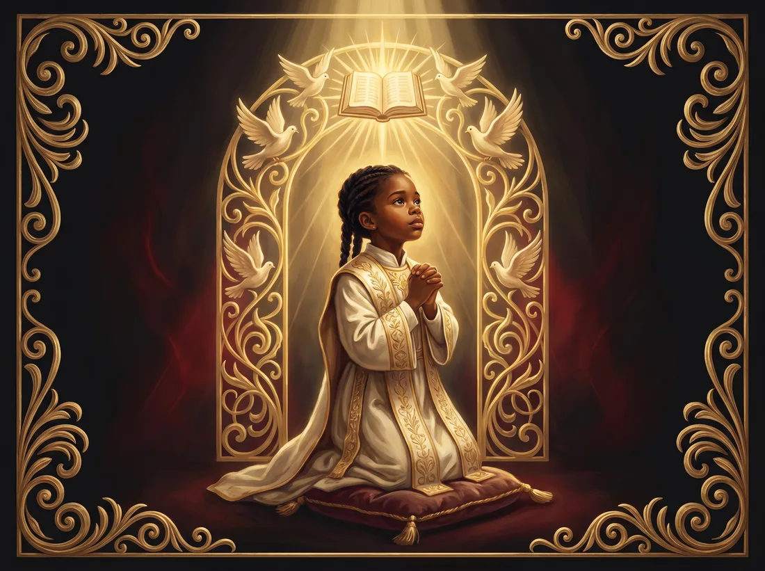 Royal child kneeling in prayer beneath descending heavenly light and doves — Kingdom Prayer and Relationship with God