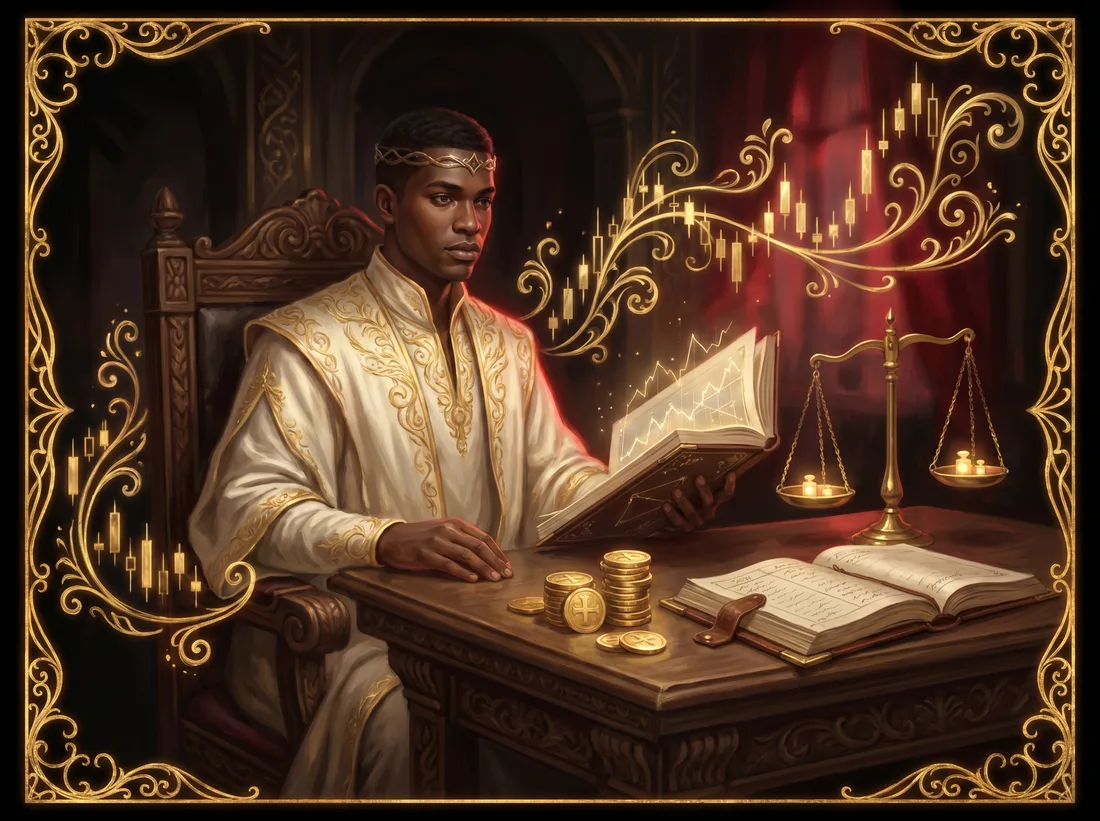 Royal student studying golden market charts and the scales of stewardship — Kingdom Trading